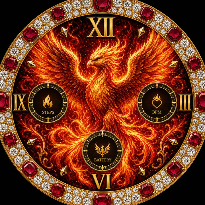 Phoenix: a phoenix rising in flame across a dark ember dial, ringed by a bezel set with diamonds and rubies.